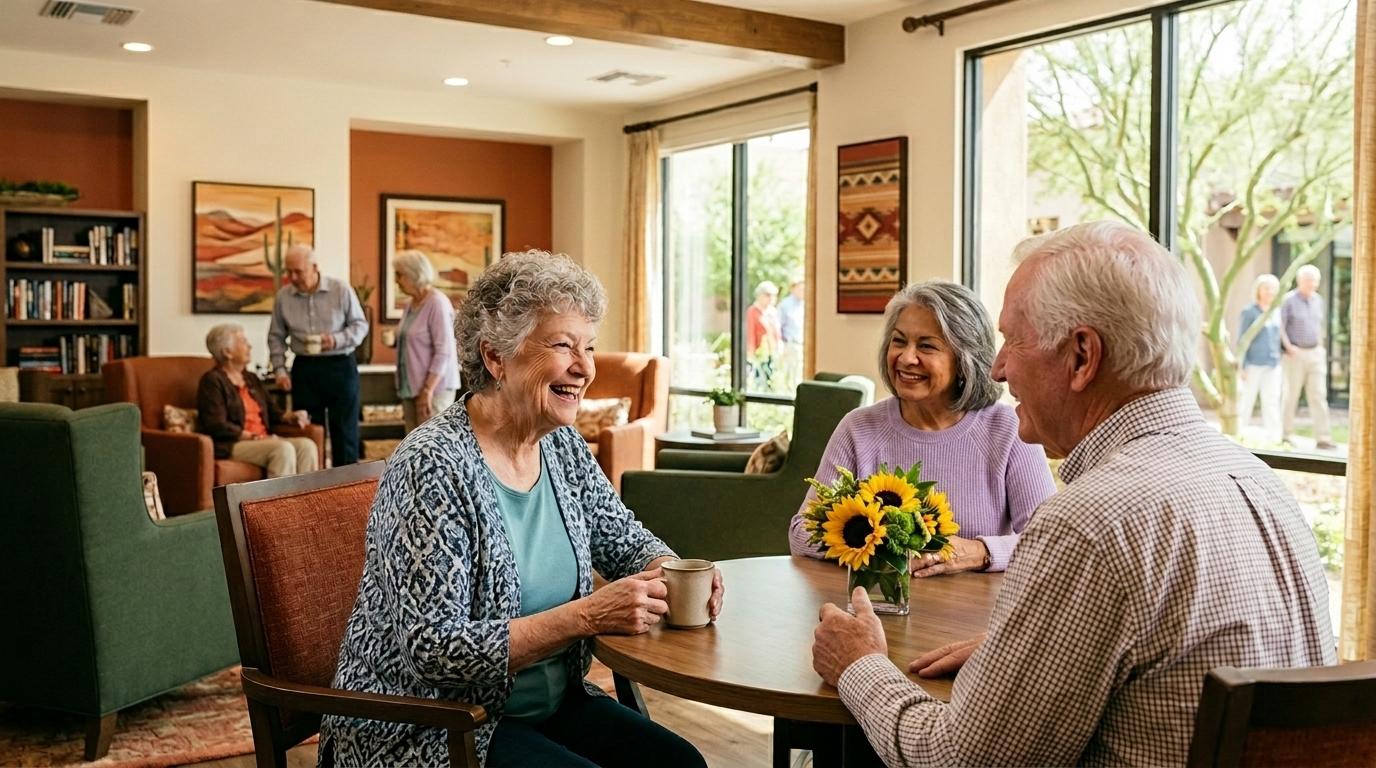 Smiling seniors chatting in a bright, welcoming assisted living community.